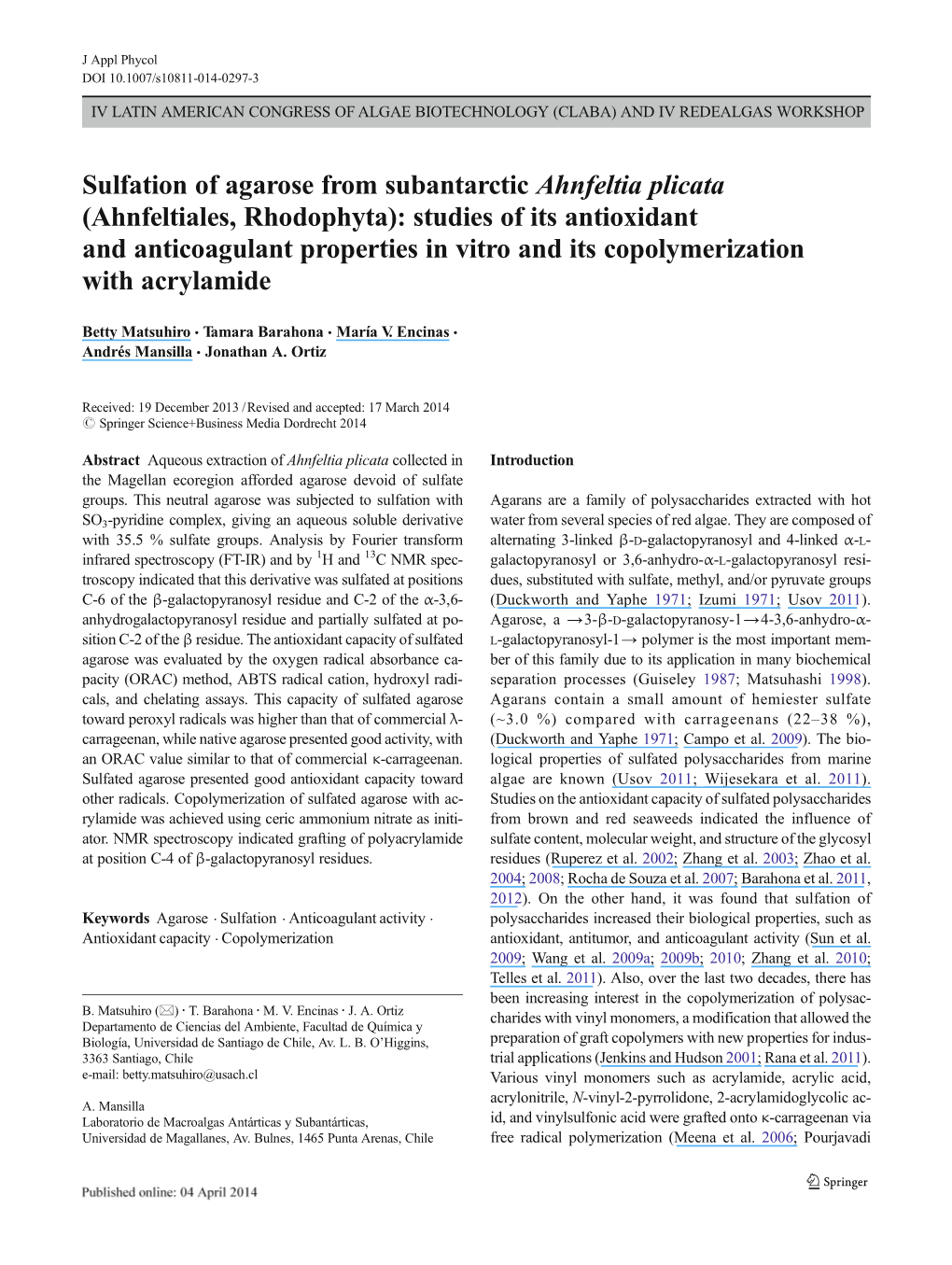 Sulfation of Agarose from Subantarctic Ahnfeltia Plicata (Ahnfeltiales, Rhodophyta): Studies of Its Antioxidant and Anticoagulan