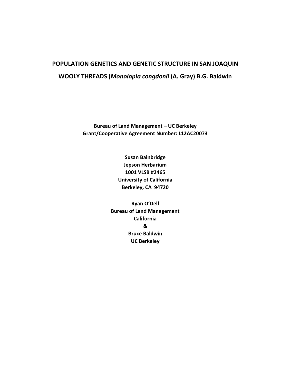 Population Genetics and Genetic Structure in San Joaquin Woolly