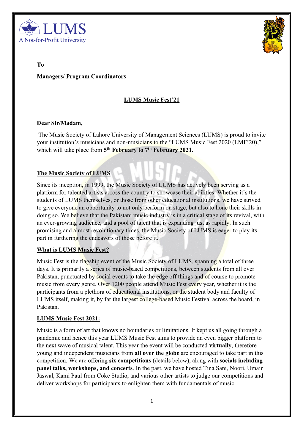 Program Coordinators LUMS Music Fest'21 Dear Sir/Madam, the Music
