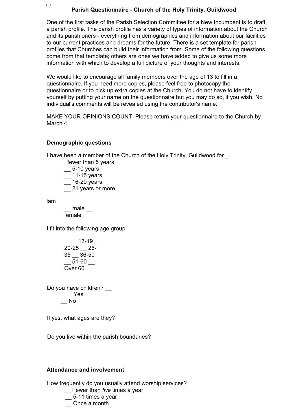 Parish Questionnaire - Church of the Holy Trinity, Guildwood