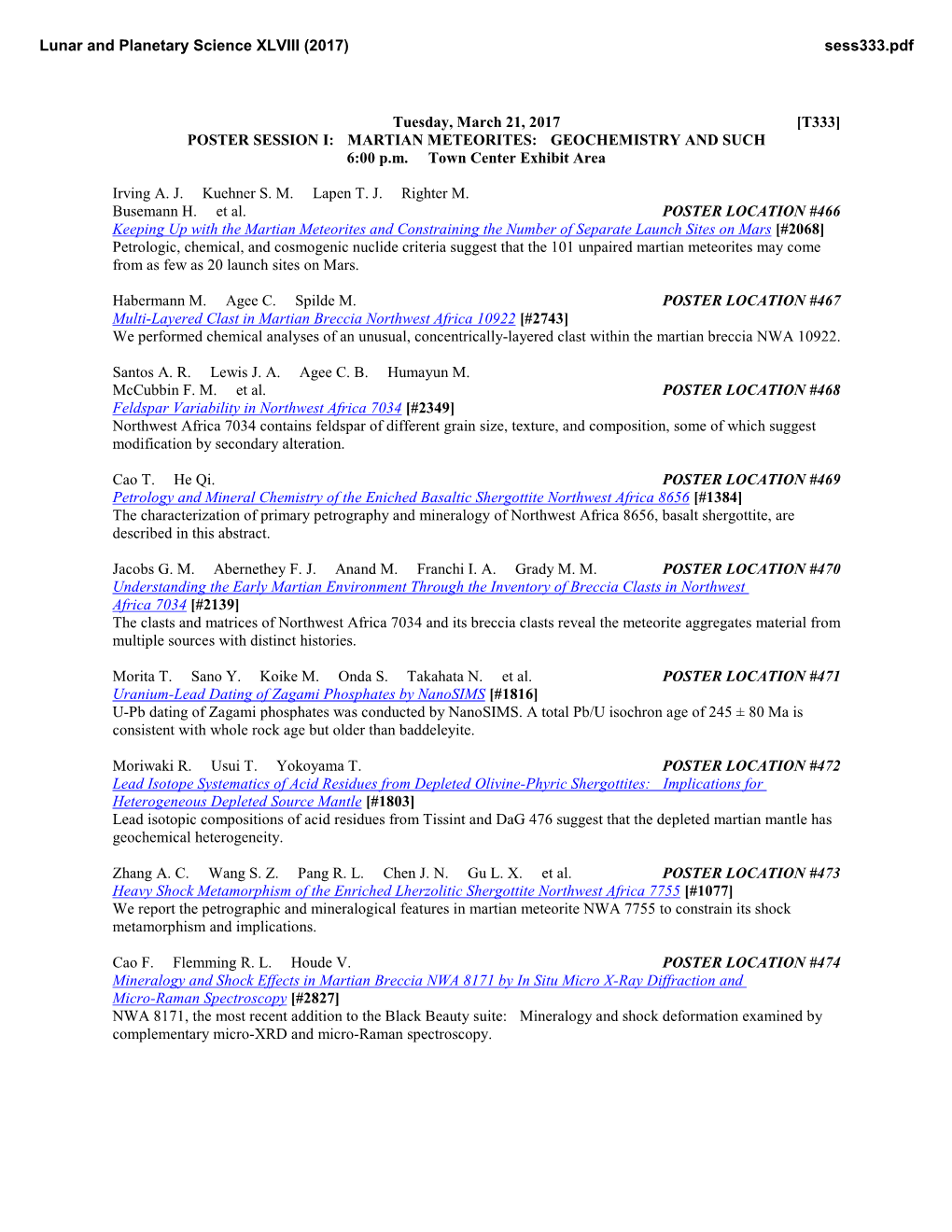 MARTIAN METEORITES: GEOCHEMISTRY and SUCH 6:00 P.M