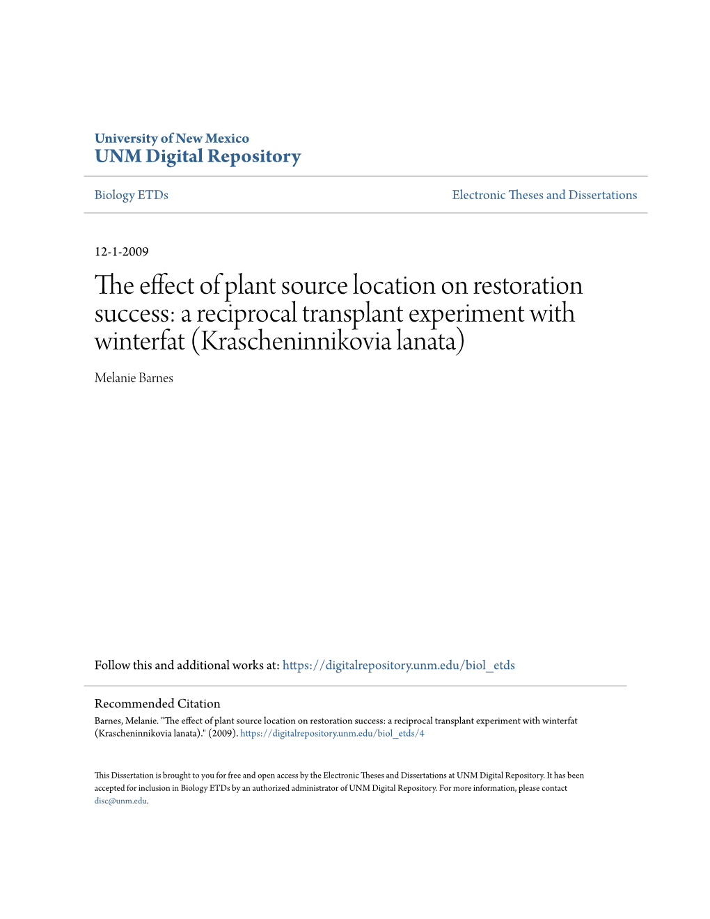 A Reciprocal Transplant Experiment with Winterfat (Krascheninnikovia Lanata) Melanie Barnes