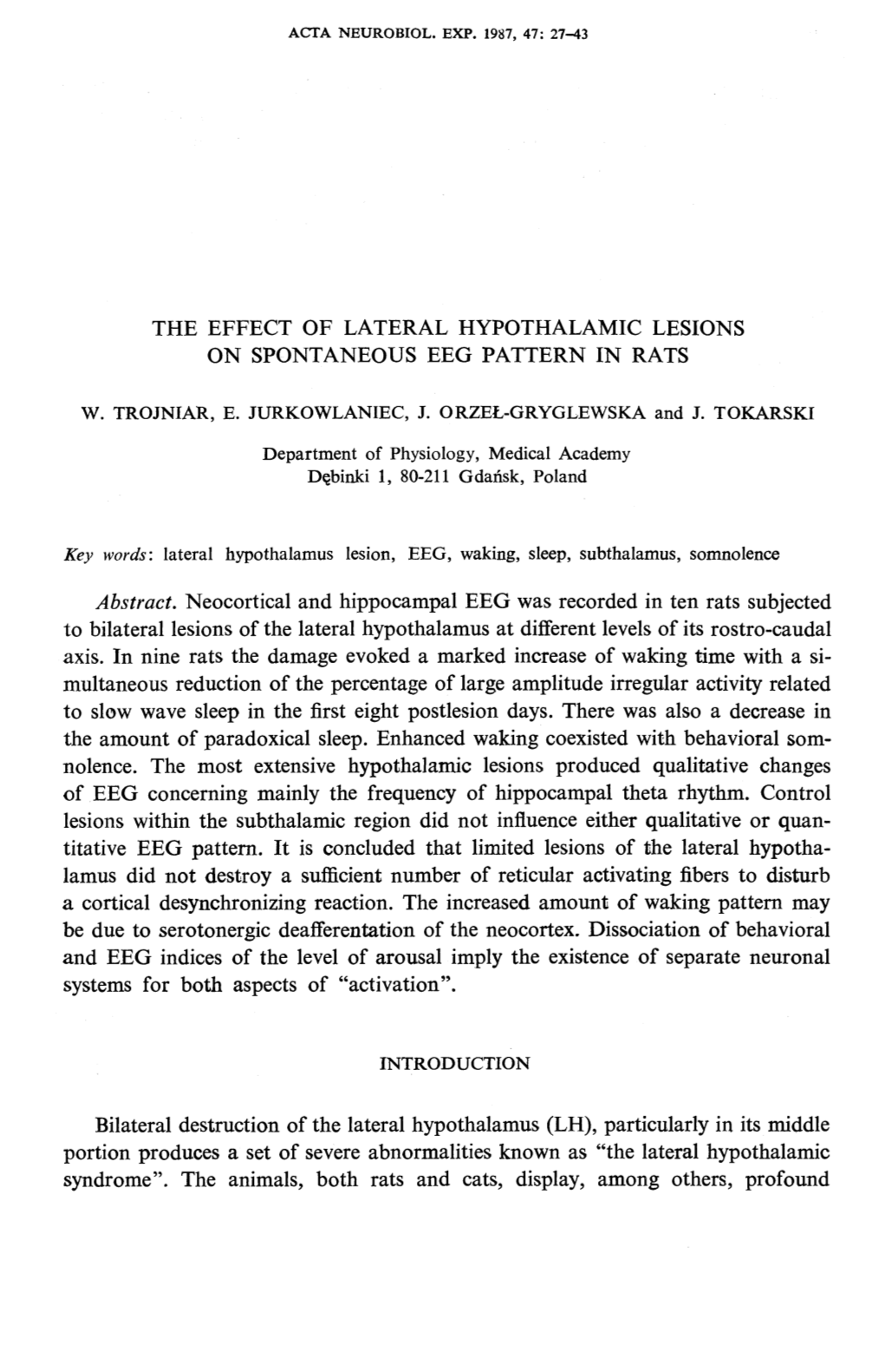 The Effect of Lateral Hypothalamic Lesions on Spontaneous Eeg Pattern in Rats