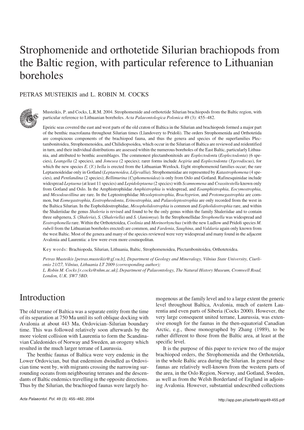 Strophomenide and Orthotetide Silurian Brachiopods from the Baltic Region, with Particular Reference to Lithuanian Boreholes