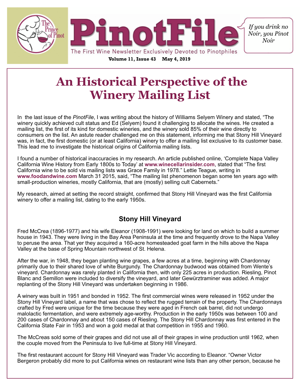 An Historical Perspective of the Winery Mailing List