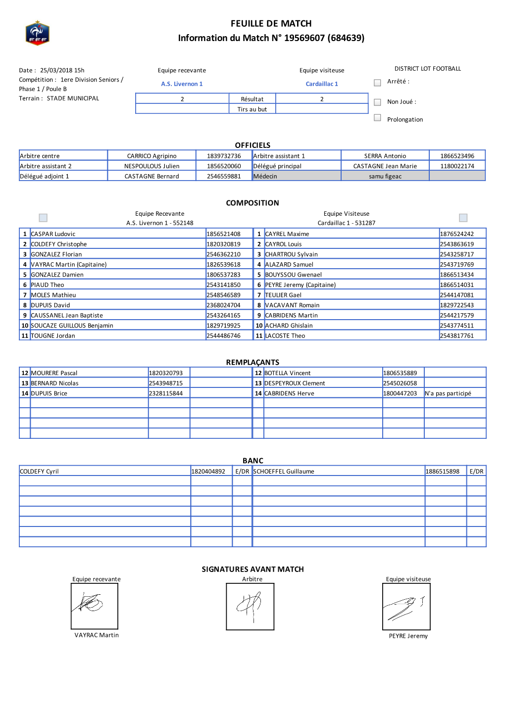 FEUILLE DE MATCH Information Du Match N° 19569607 (684639)