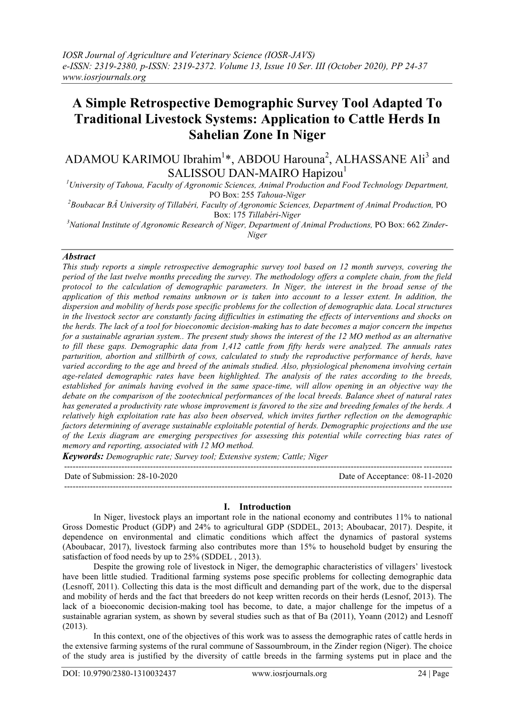 A Simple Retrospective Demographic Survey Tool Adapted to Traditional Livestock Systems: Application to Cattle Herds in Sahelian Zone in Niger