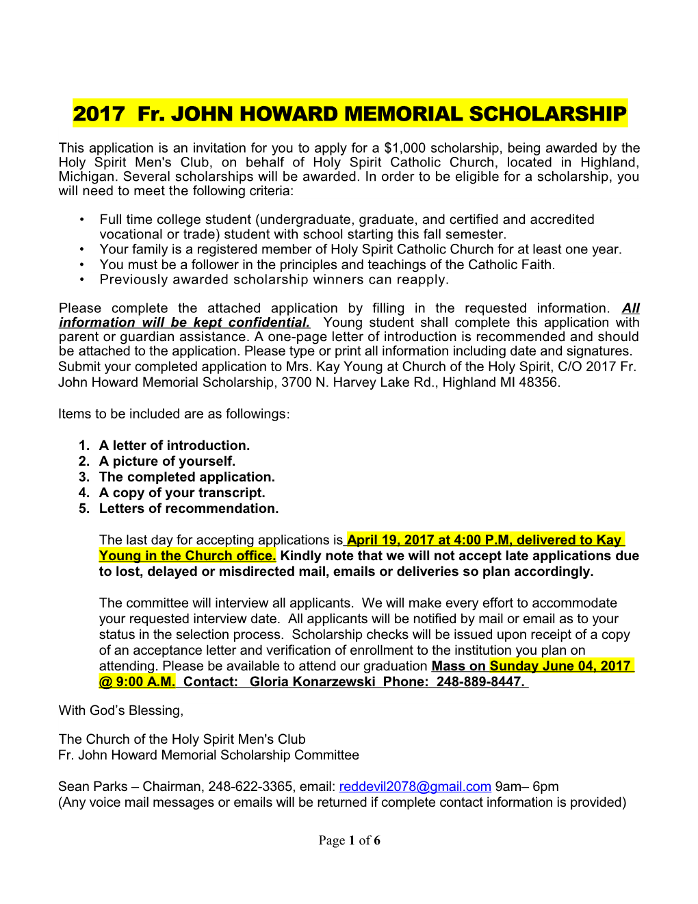 2017 Fr. JOHN HOWARD MEMORIAL SCHOLARSHIP