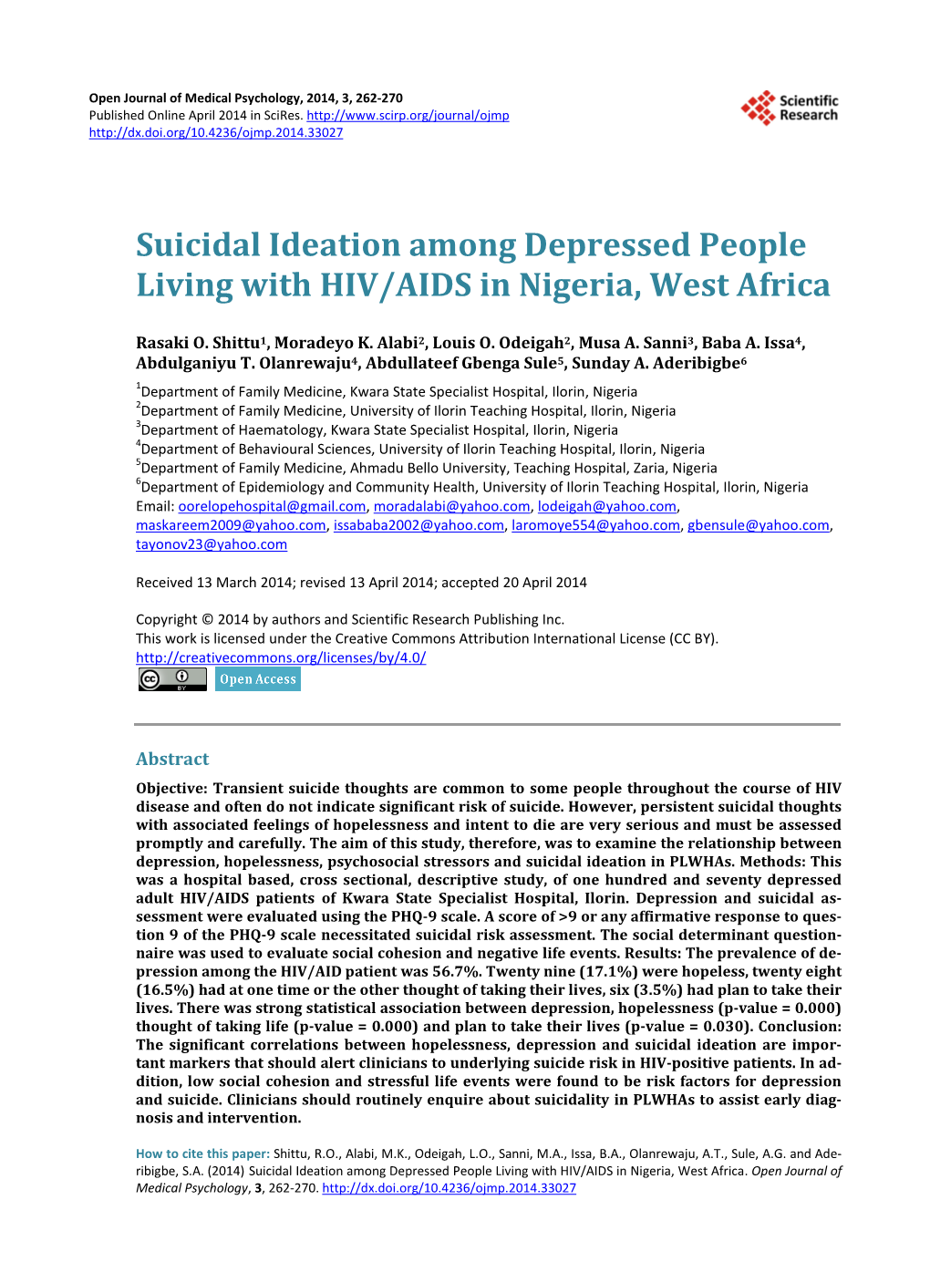Suicidal Ideation Among Depressed People Living with HIV/AIDS in Nigeria, West Africa