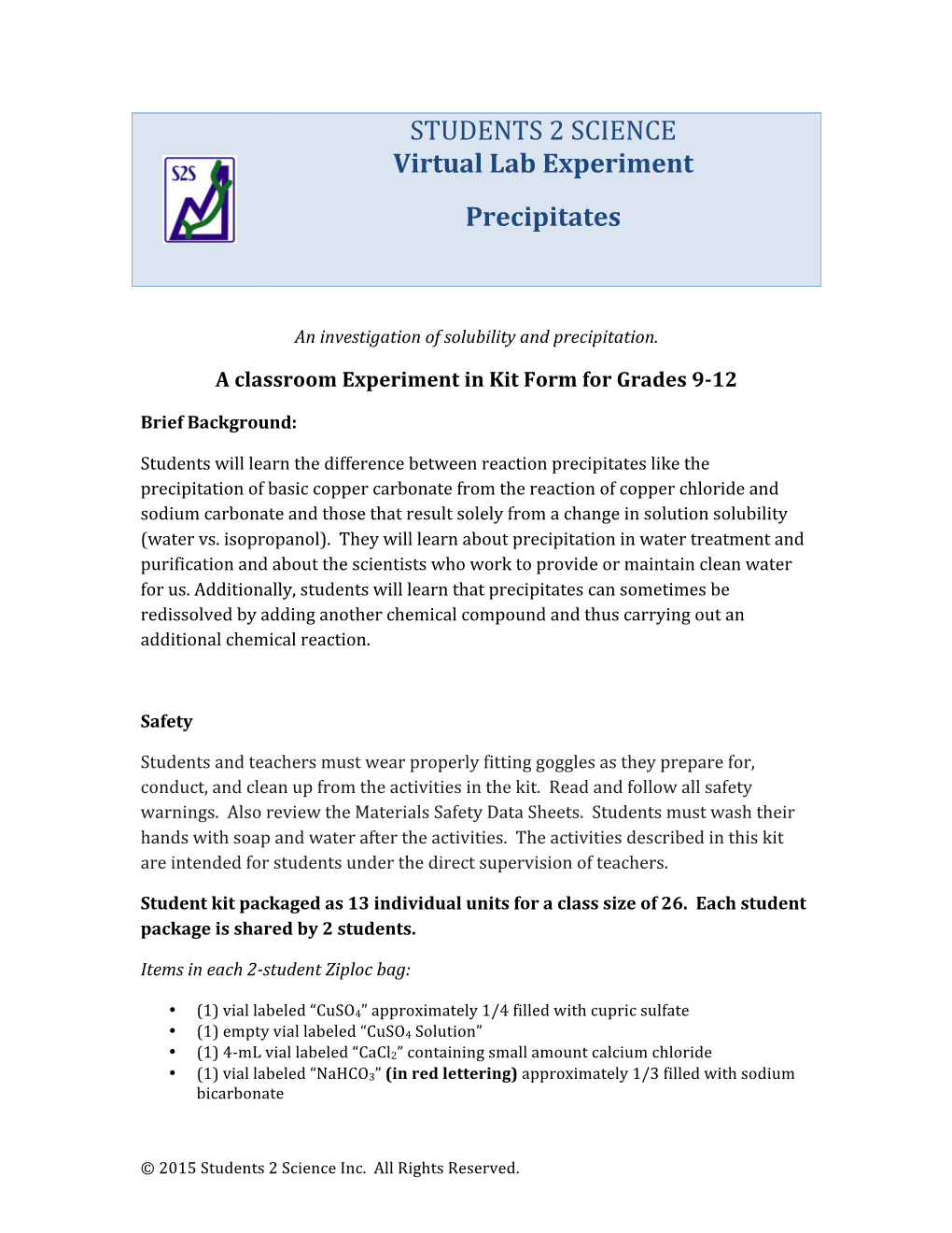 STUDENTS 2 SCIENCE Virtual Lab Experiment Precipitates