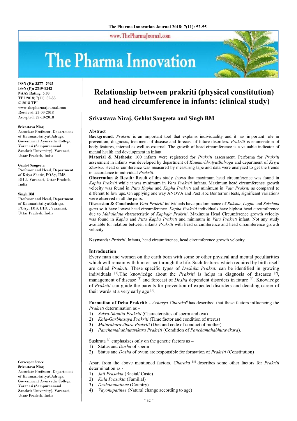 Relationship Between Prakriti (Physical Constitution) and Head Circumference in Infants: (Clinical Study)