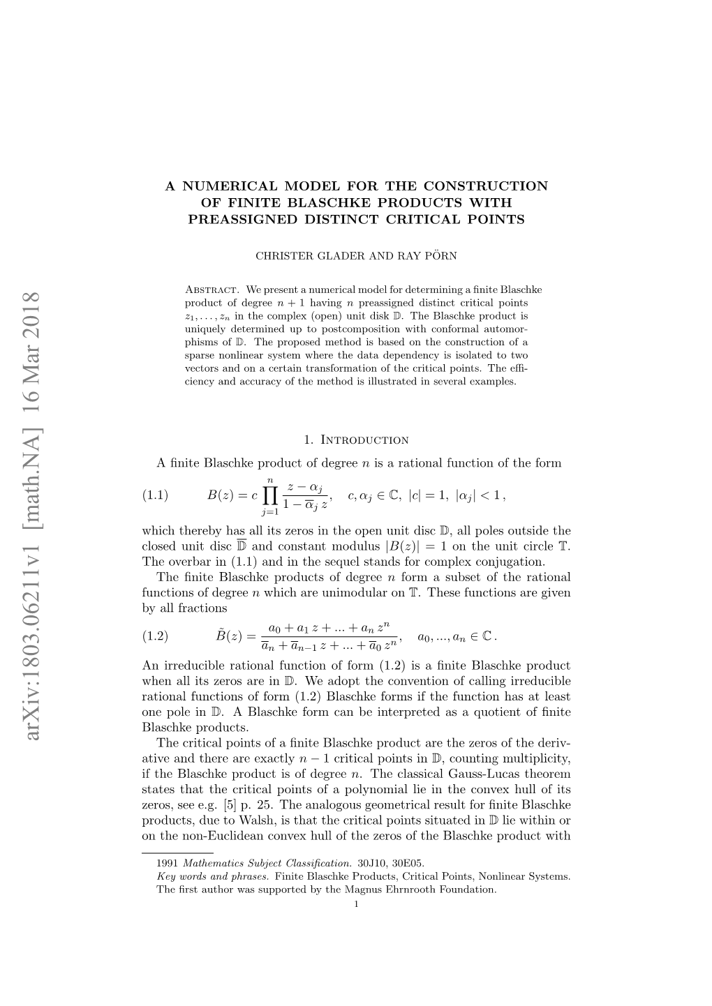 Arxiv:1803.06211V1 [Math.NA] 16 Mar 2018