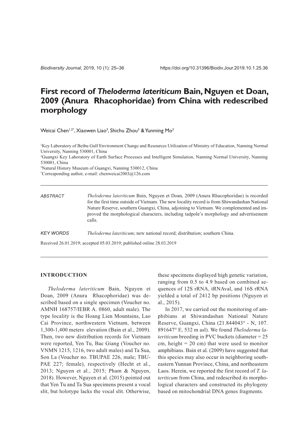 First Record of Theloderma Lateriticum Bain, Nguyen Et Doan, 2009 (Anura Rhacophoridae) from China with Redescribed Morphology