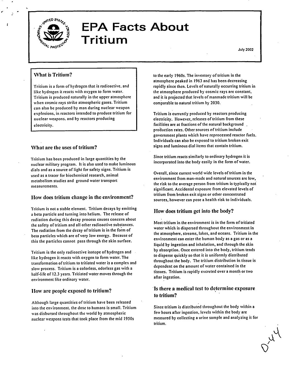 EPA Facts About Tritium