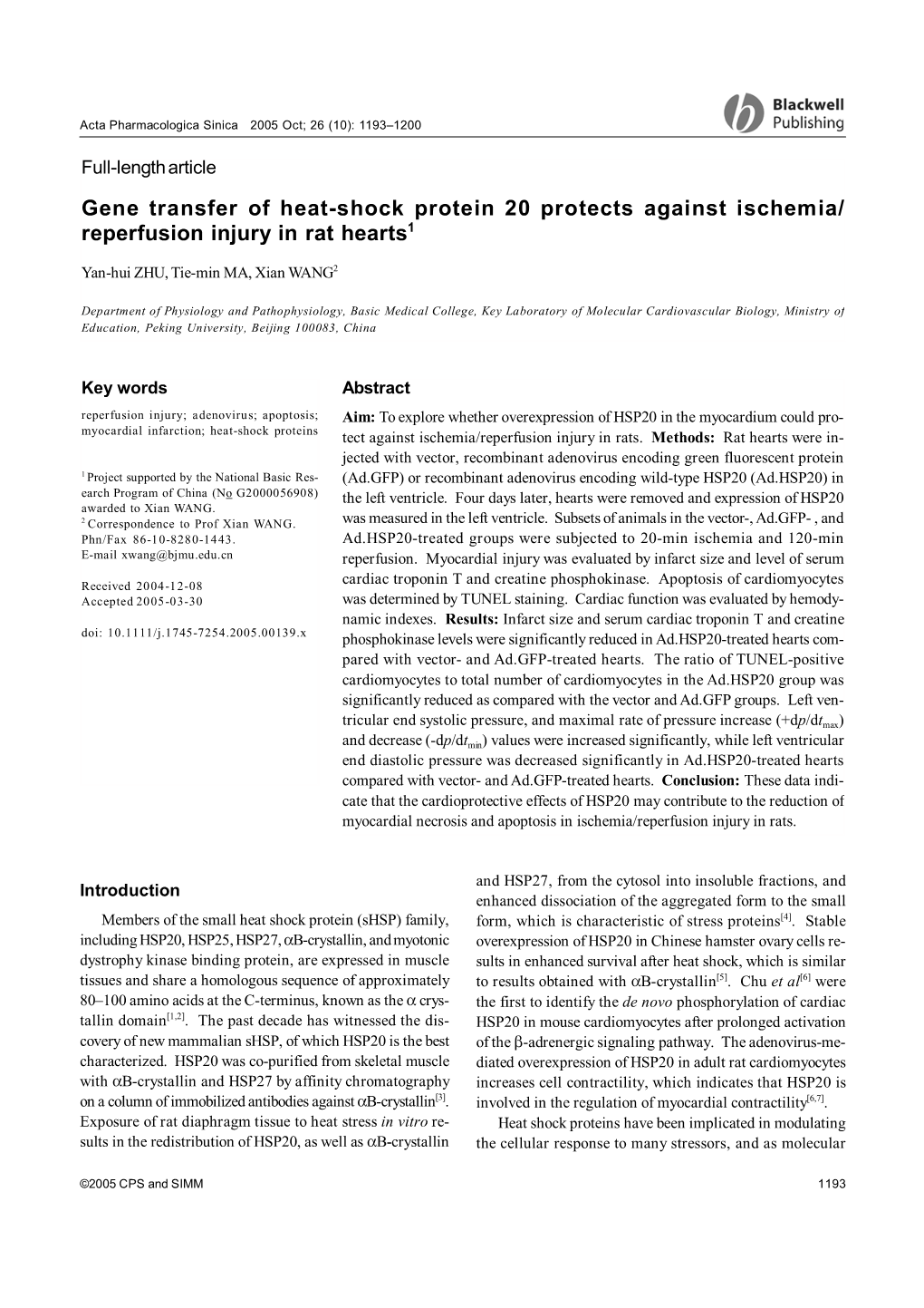 Gene Transfer of Heat-Shock Protein 20 Protects Against Ischemia/ Reperfusion Injury in Rat Hearts1