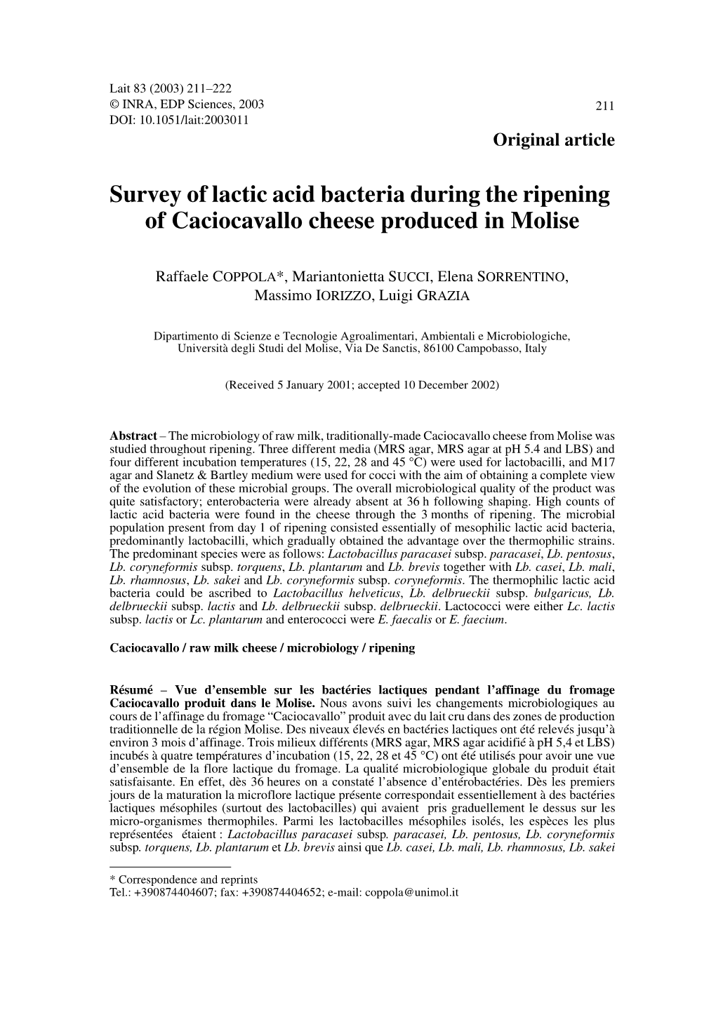 Survey of Lactic Acid Bacteria During the Ripening of Caciocavallo Cheese Produced in Molise