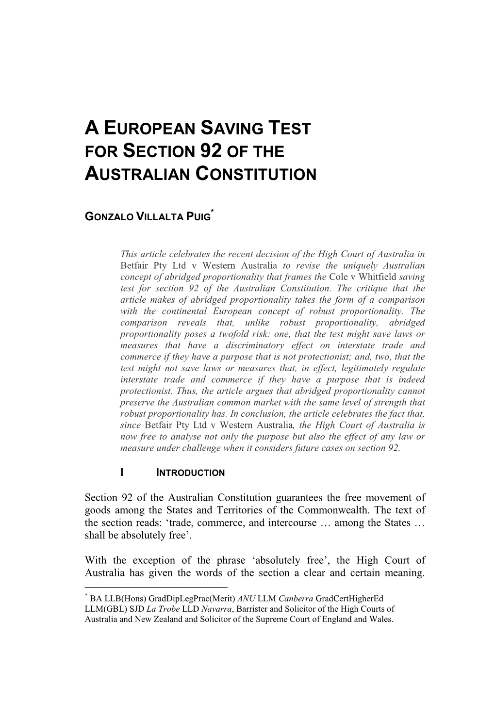 A European Saving Test for Section 92 of the Australian Constitution