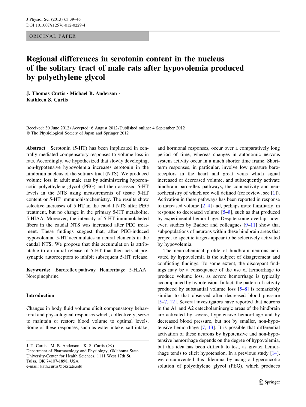 Regional Differences in Serotonin Content in the Nucleus of the Solitary Tract of Male Rats After Hypovolemia Produced by Polyethylene Glycol