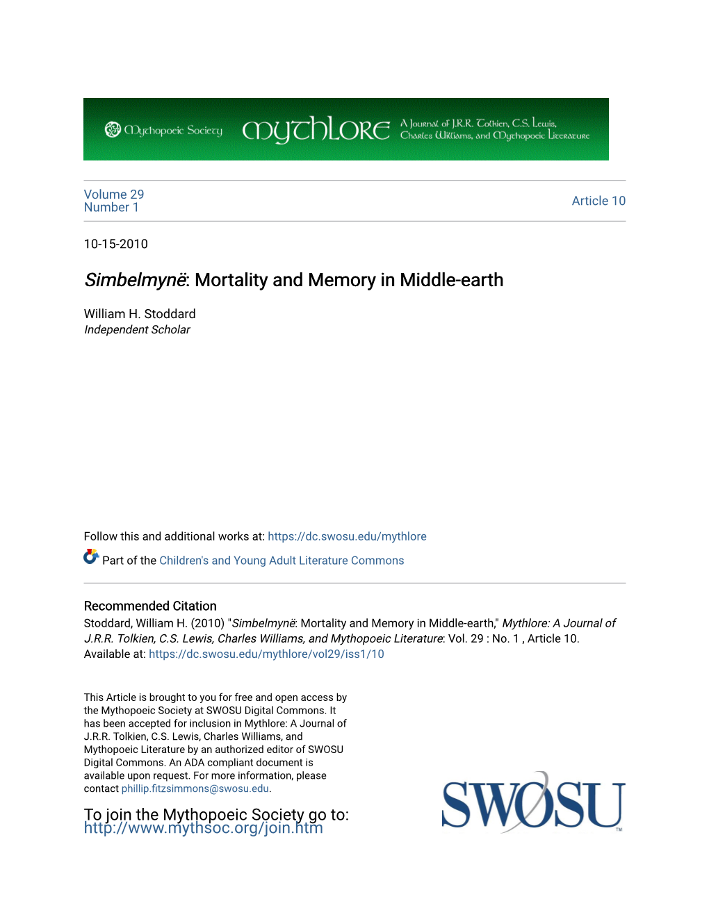 &lt;I&gt;Simbelmynë&lt;/I&gt;: Mortality and Memory in Middle-Earth