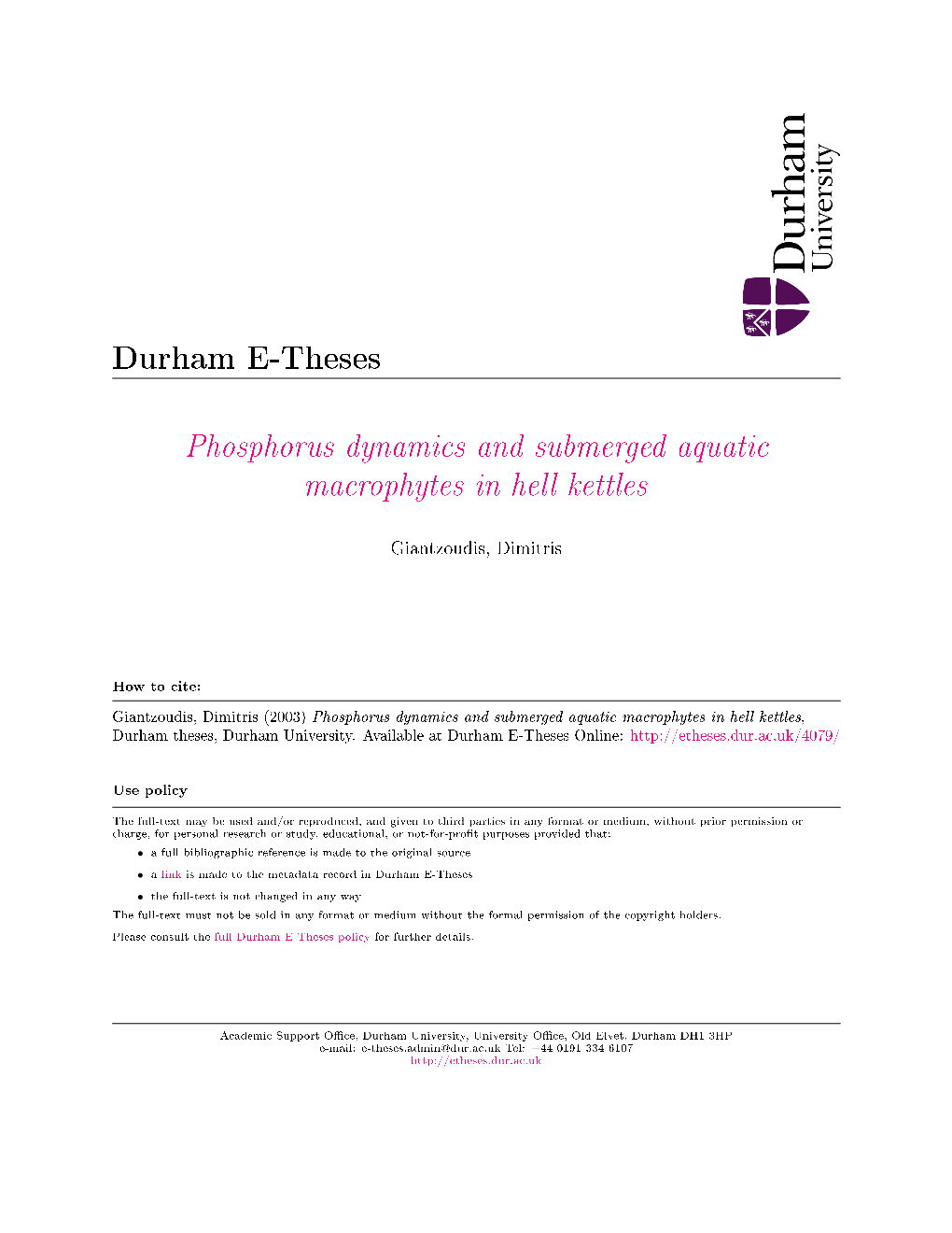 Phosphorus Dynamics and Submerged Aquatic Macrophytes in Hell Kettles