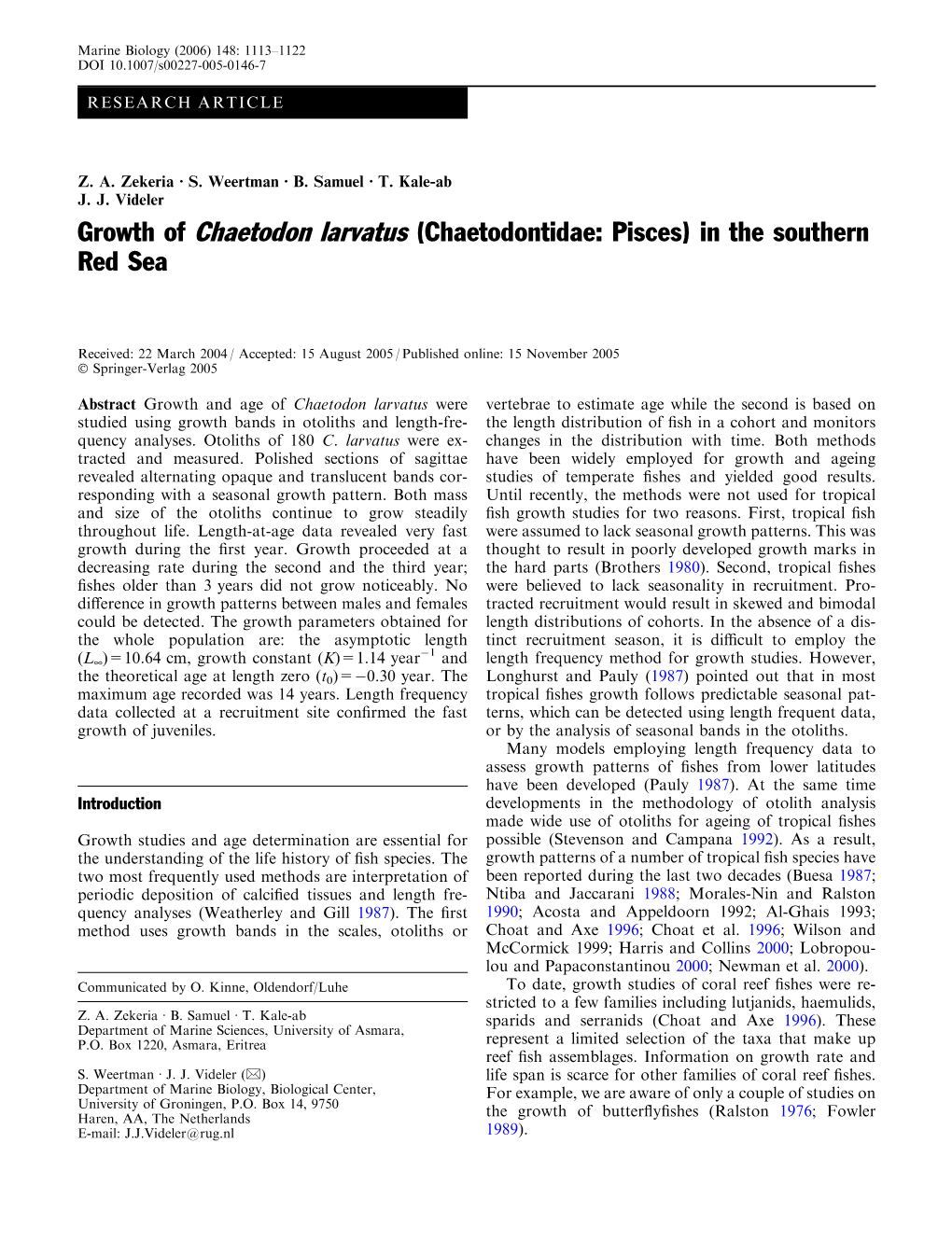 Growth of Chaetodon Larvatus (Chaetodontidae: Pisces) in the Southern Red Sea