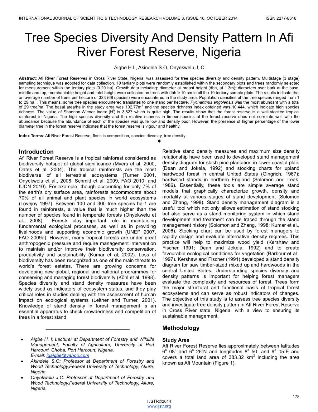 Tree Species Diversity and Density Pattern in Afi River Forest Reserve, Nigeria