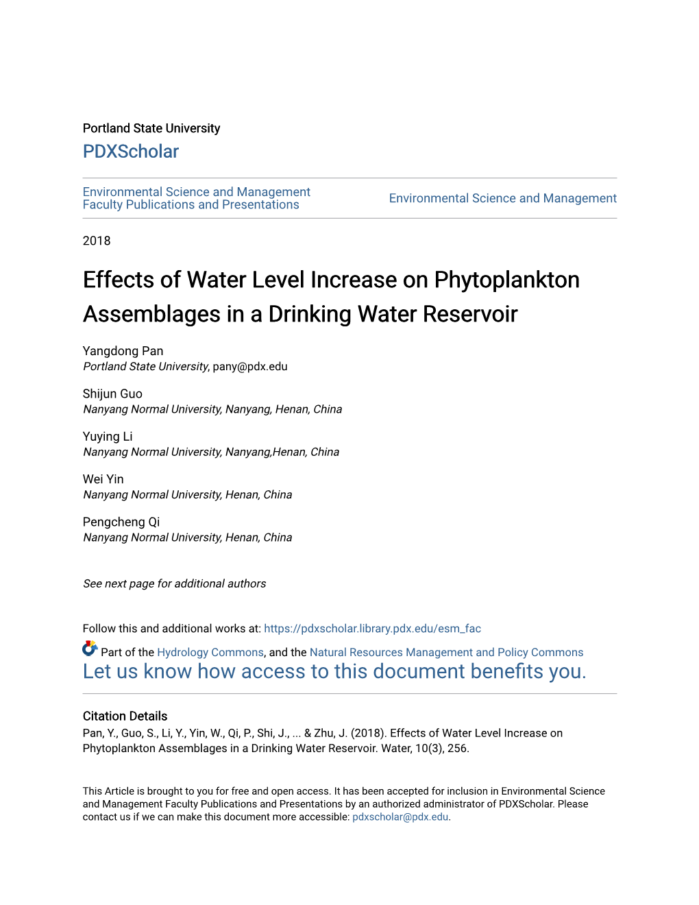 Effects of Water Level Increase on Phytoplankton Assemblages in a Drinking Water Reservoir