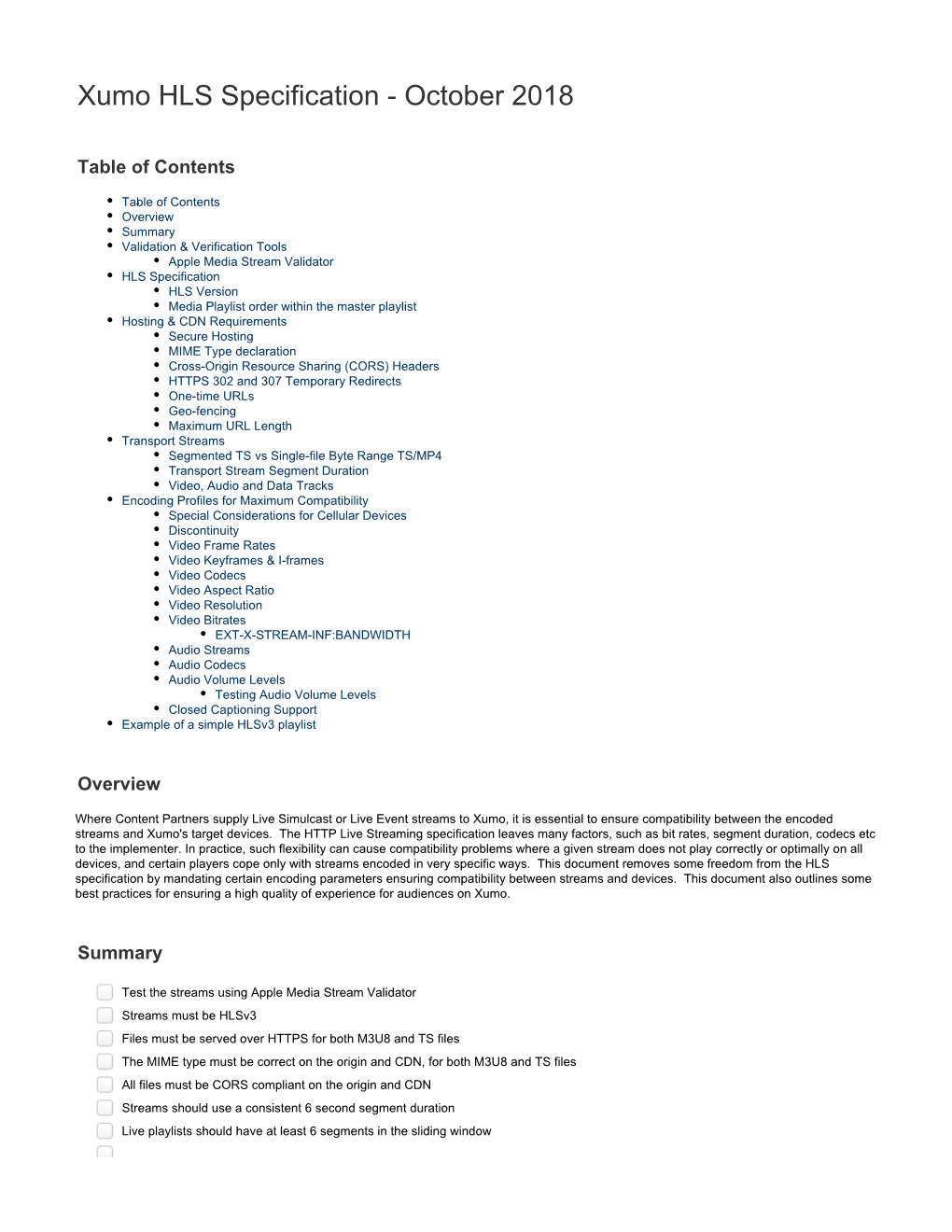 Xumo HLS Specification - October 2018