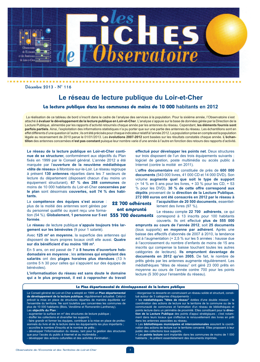 Le Réseau De Lecture Publique Du Loir-Et-Cher La Lecture Publique Dans Les Communes De Moins De 10 000 Habitants En 2012