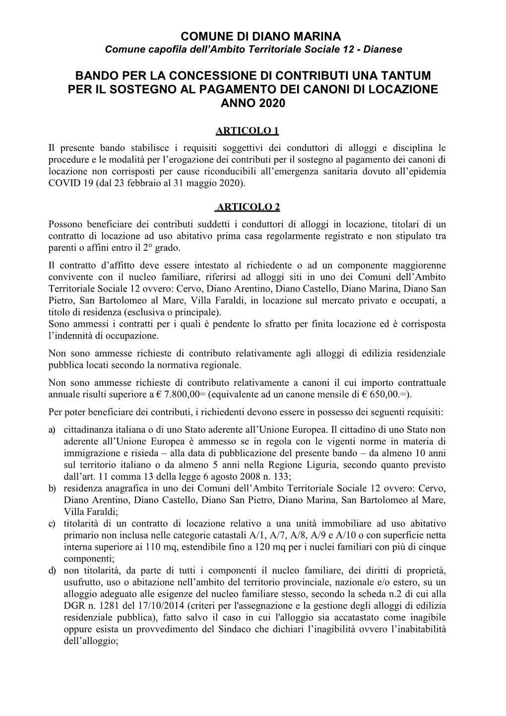 Bando Per La Concessione Di Contributi Una Tantum Per Il Sostegno Al Pagamento Dei Canoni Di Locazione Anno 2020