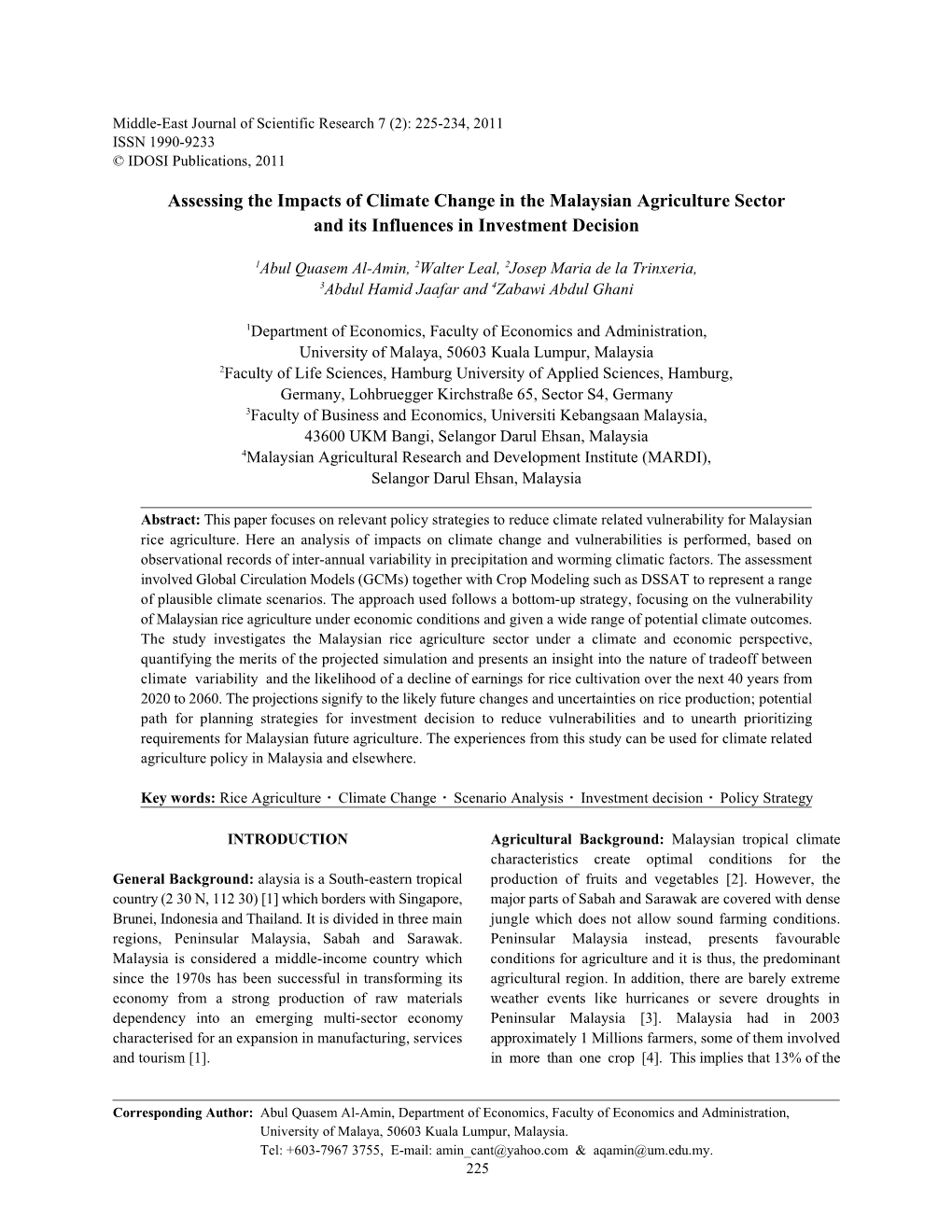 Assessing the Impacts of Climate Change in the Malaysian Agriculture Sector and Its Influences in Investment Decision