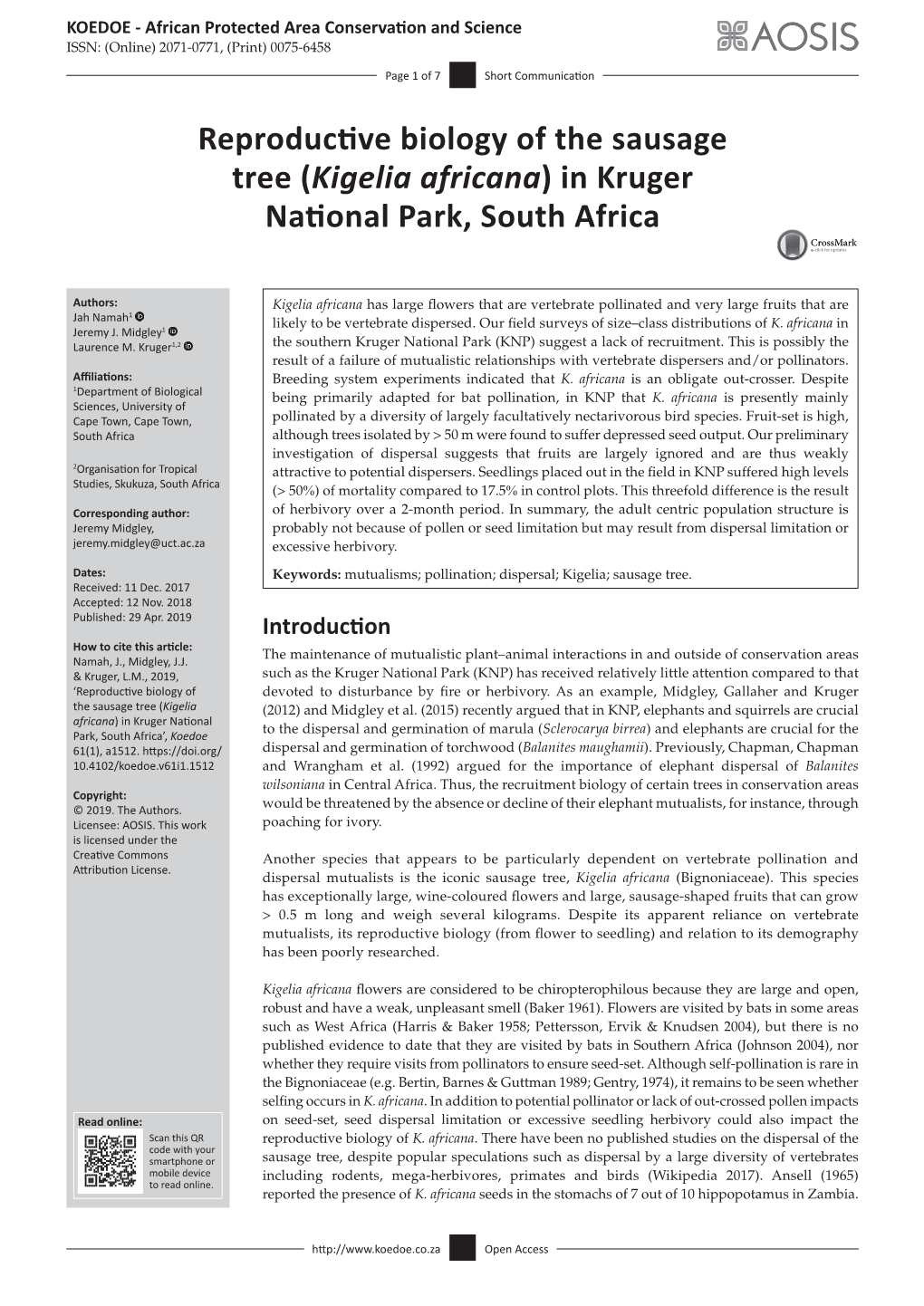 Reproductive Biology of the Sausage Tree (Kigelia Africana) in Kruger National Park, South Africa