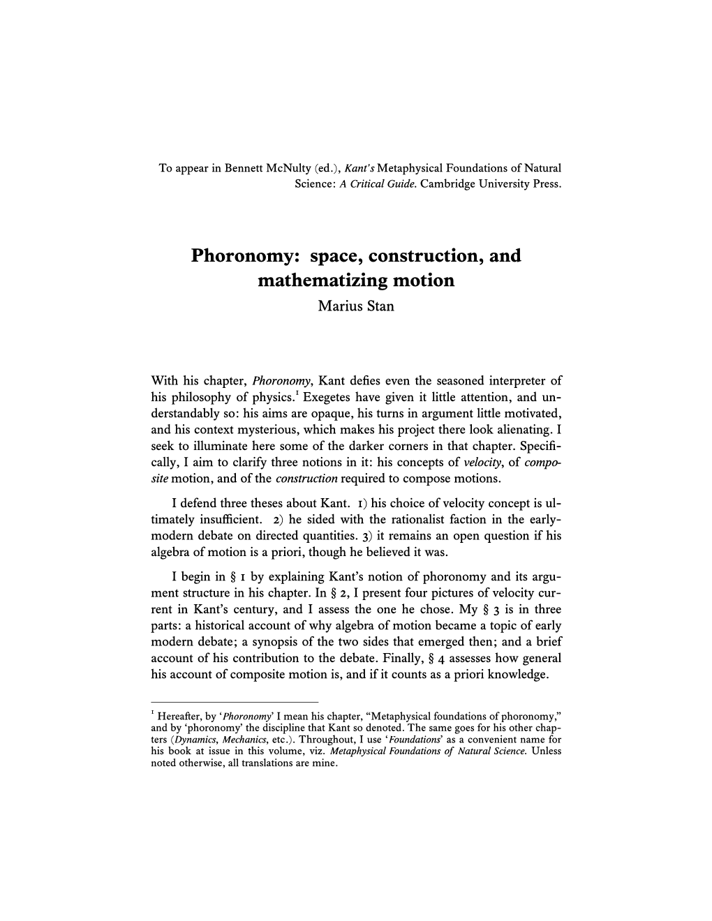 Phoronomy: Space, Construction, and Mathematizing Motion Marius Stan