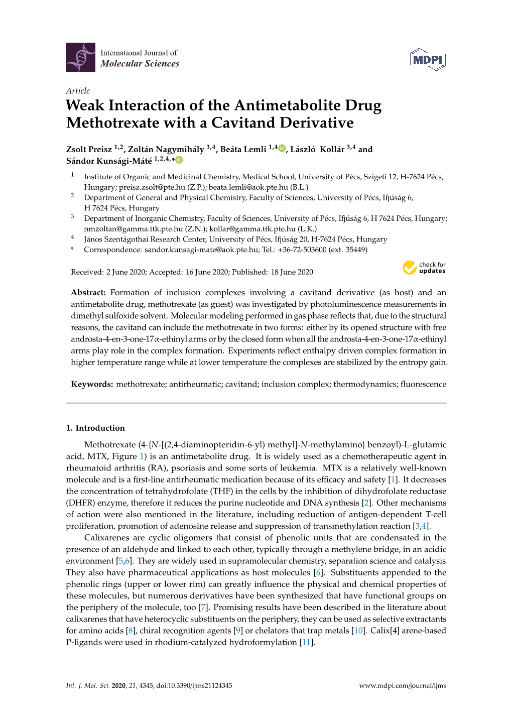 Weak Interaction of the Antimetabolite Drug Methotrexate with a Cavitand Derivative