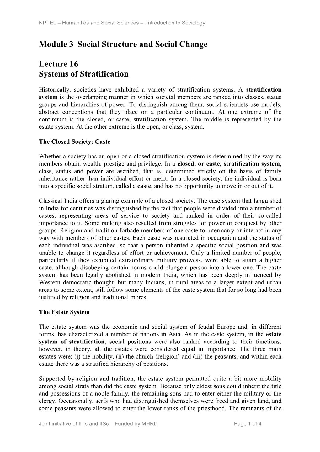 Module 3 Social Structure and Social Change Lecture 16 Systems Of