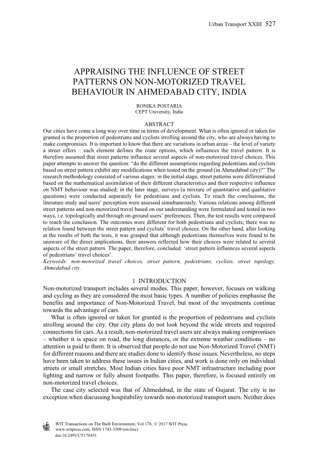 Appraising the Influence of Street Patterns on Non-Motorized Travel Behaviour in Ahmedabad City, India