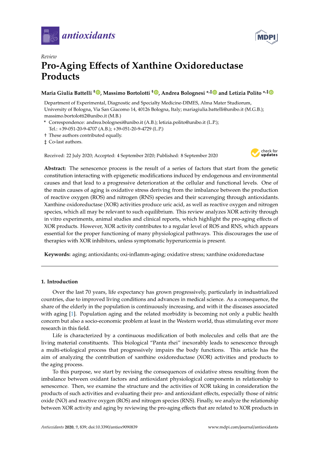 Pro-Aging Effects of Xanthine Oxidoreductase Products