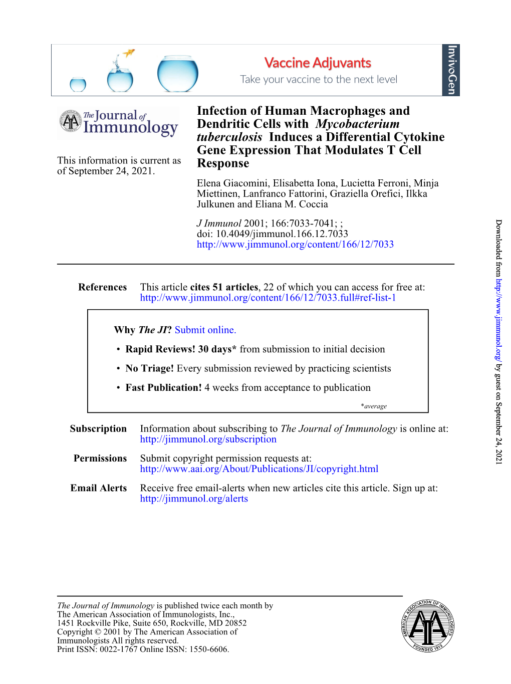 Response Gene Expression That Modulates T Cell Induces a Differential Cytokine Tuberculosis Mycobacterium Dendritic Cells with I