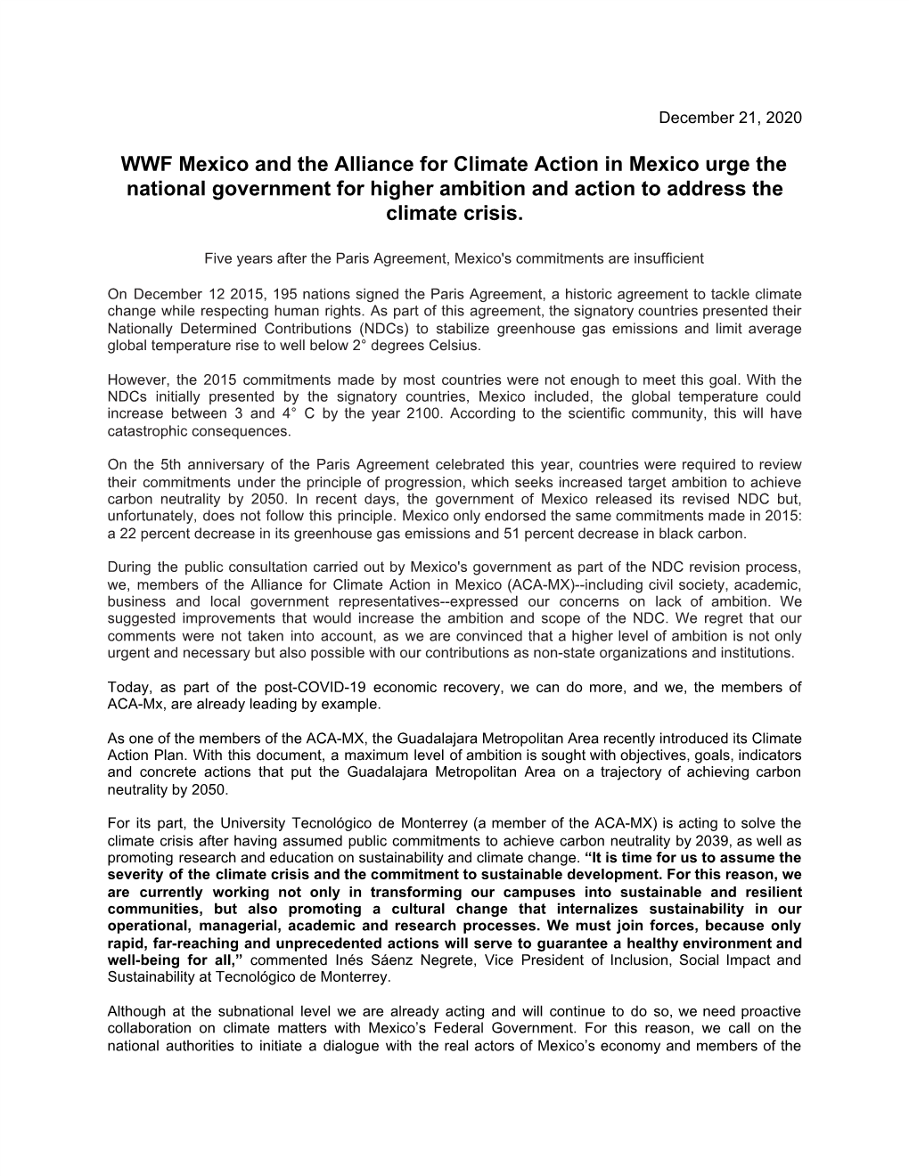 WWF Mexico and the Alliance for Climate Action in Mexico Urge the National Government for Higher Ambition and Action to Address the Climate Crisis