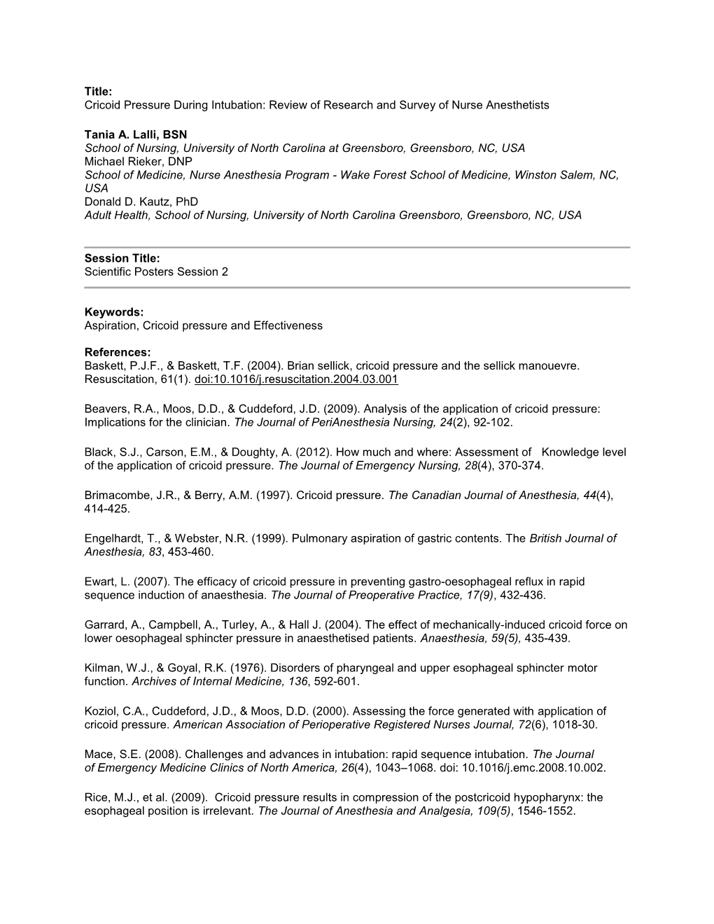 Title: Cricoid Pressure During Intubation: Review of Research and Survey of Nurse Anesthetists