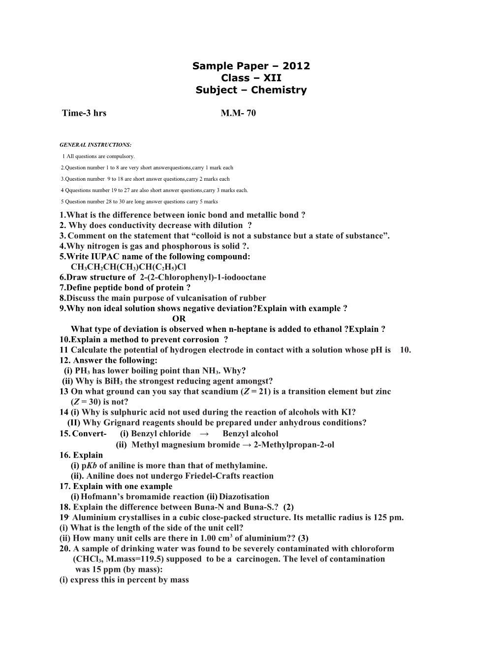 Sample Paper 2012 Class XII Subject Chemistry s1