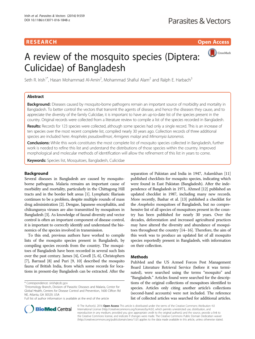 A Review of the Mosquito Species (Diptera: Culicidae) of Bangladesh Seth R