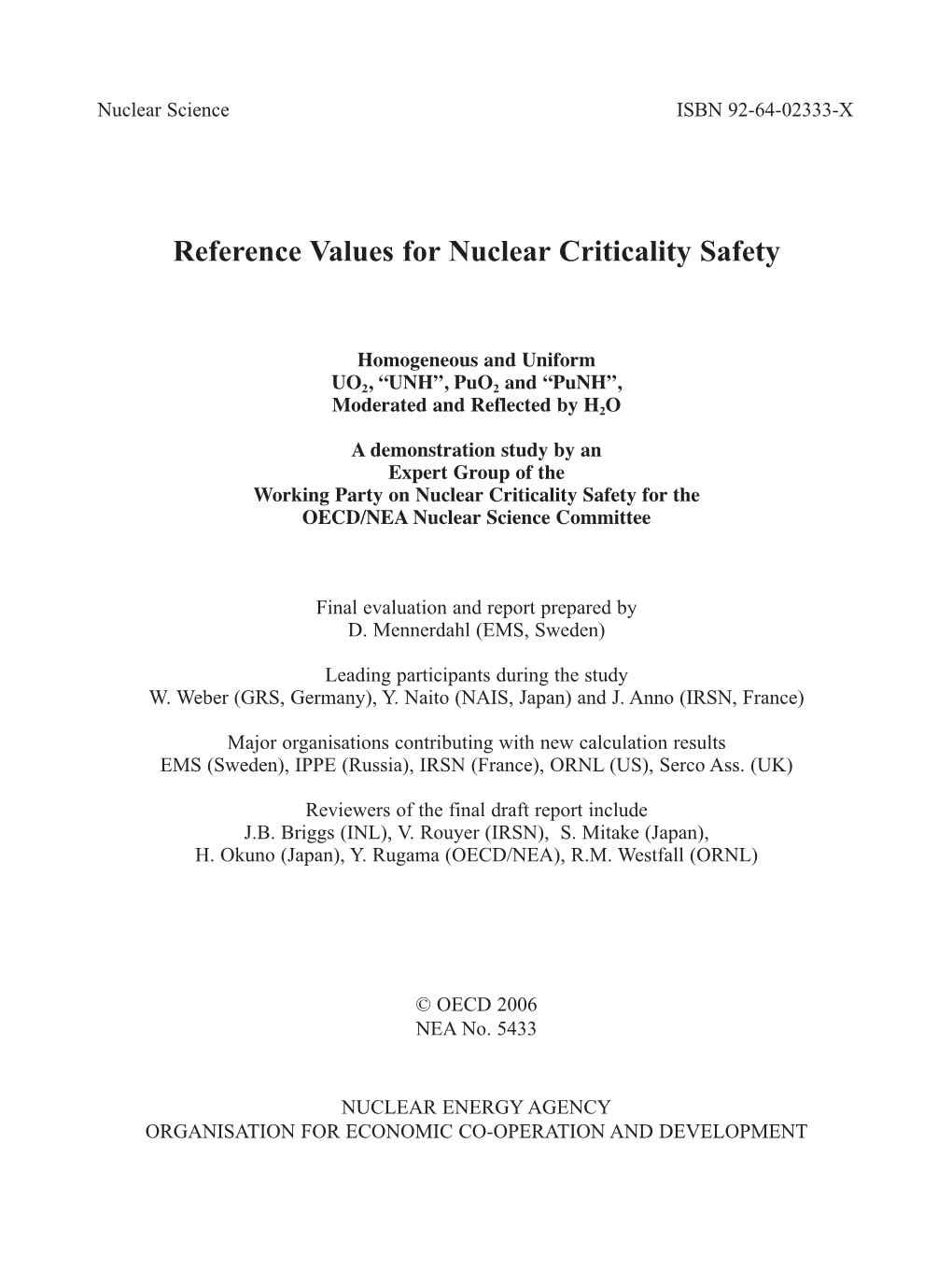 Reference Values for Nuclear Criticality Safety