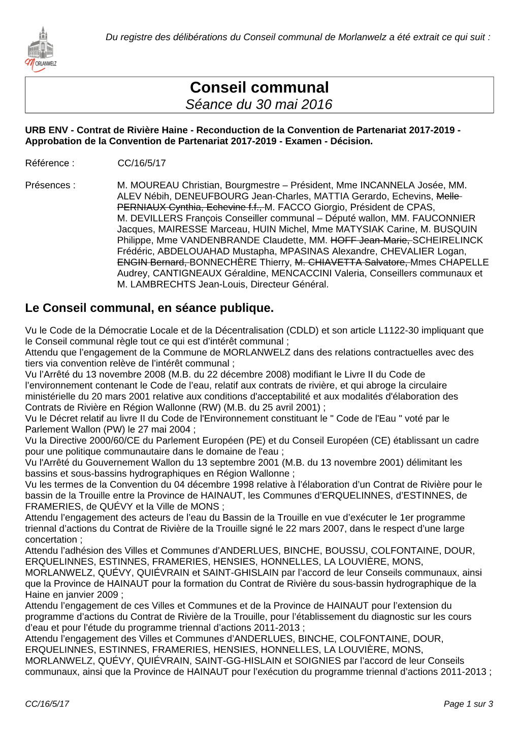 Conseil Communal De Morlanwelz a Été Extrait Ce Qui Suit