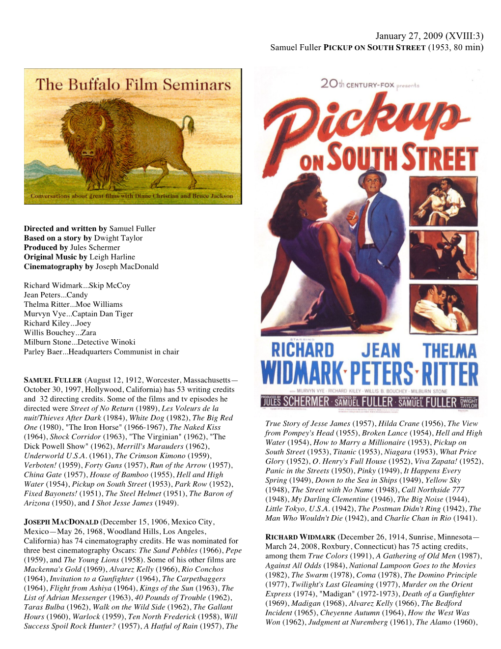 January 27, 2009 (XVIII:3) Samuel Fuller PICKUP on SOUTH STREET (1953, 80 Min)