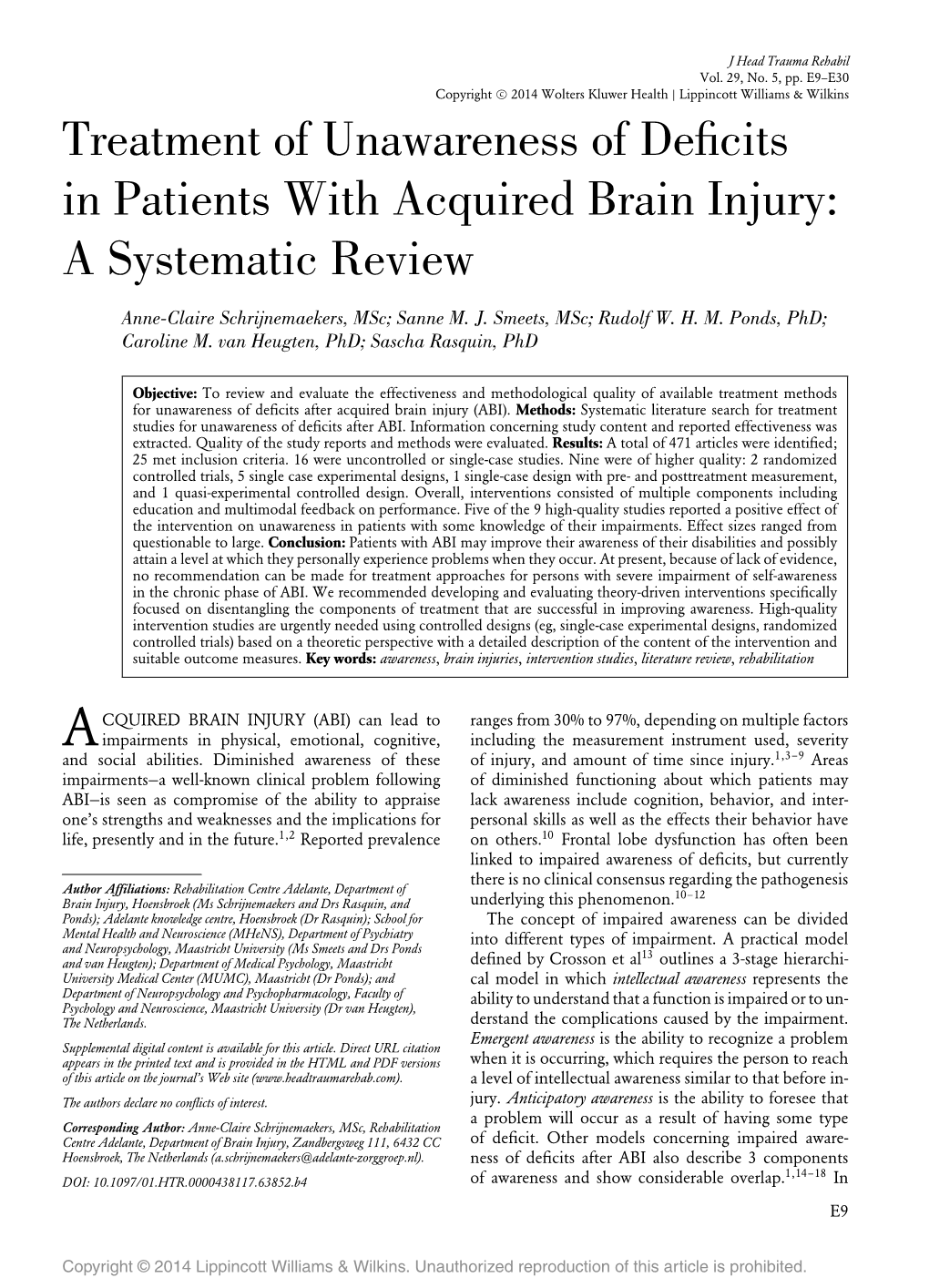 Treatment of Unawareness of Deficits in Patients with Acquired Brain Injury