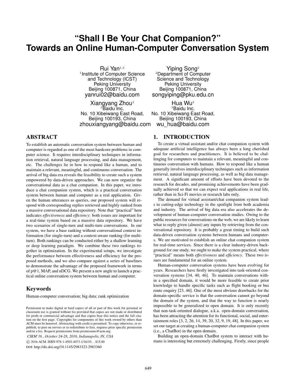 Shall I Be Your Chat Companion?” Towards an Online Human-Computer Conversation System