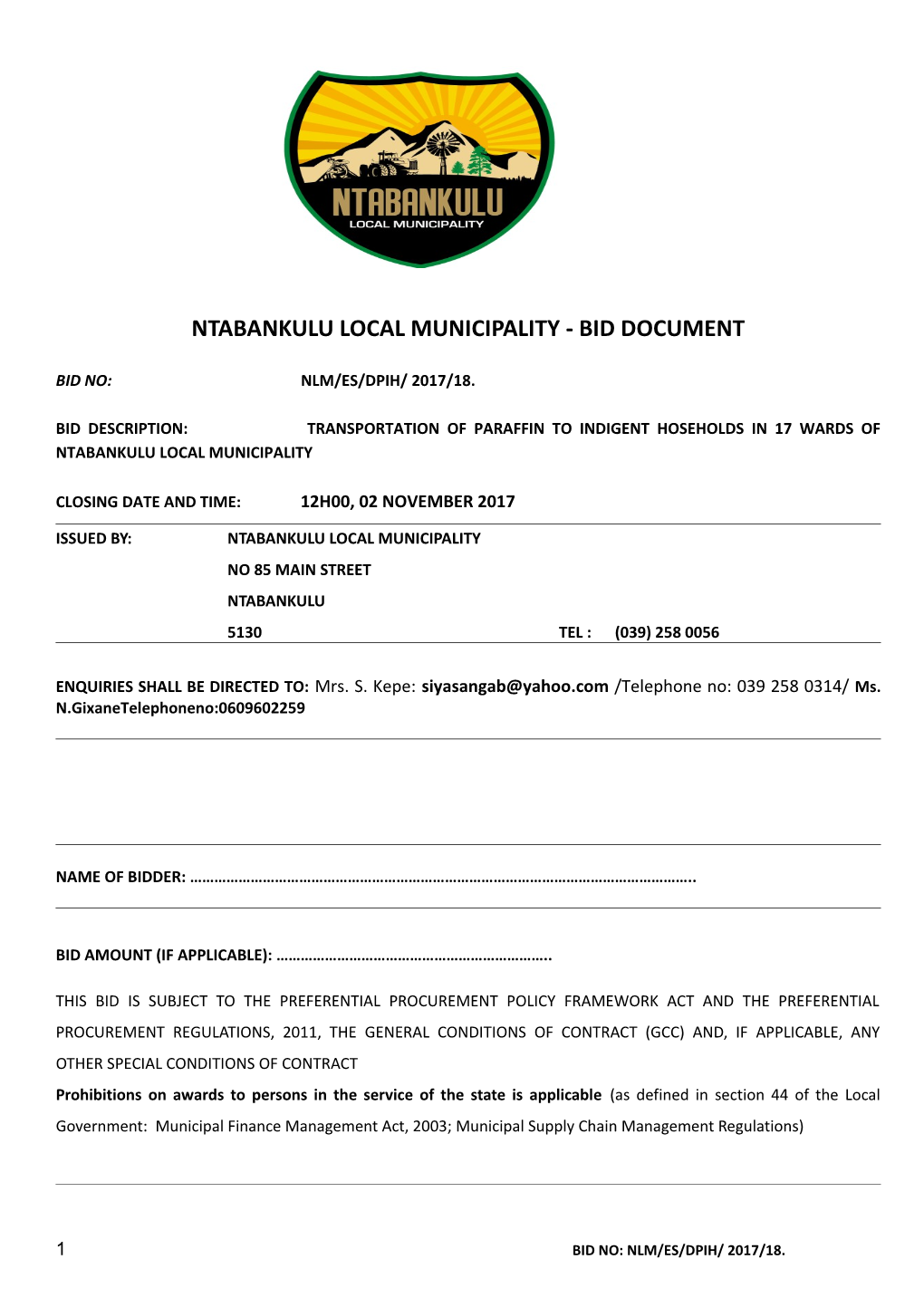 Ntabankulu Local Municipality - Bid Document