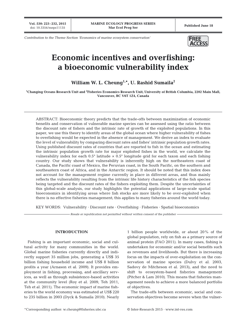 Economic Incentives and Overfishing: a Bioeconomic Vulnerability Index