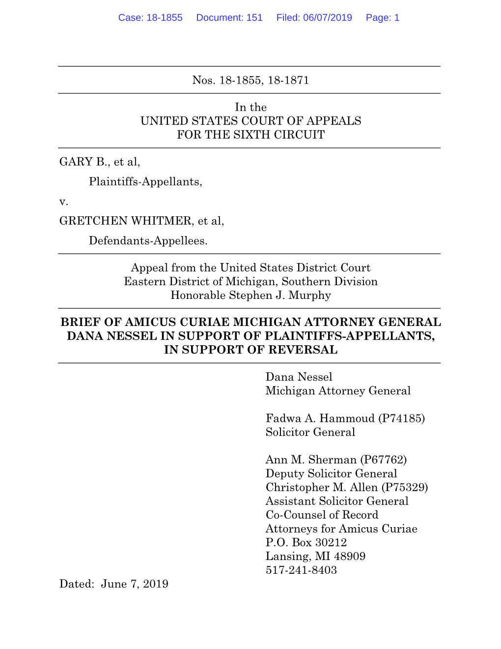 Nos. 18-1855, 18-1871 in the UNITED STATES COURT of APPEALS for the SIXTH CIRCUIT GARY B., Et Al, Plaintiffs-Appellants, V. GRET